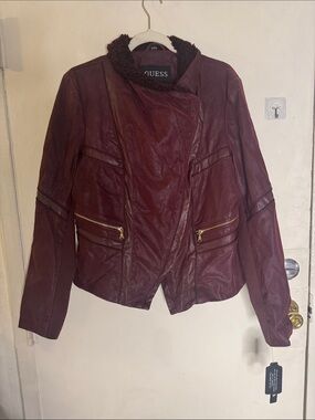 GUESS Women's Burgundy Faux Leather Moto Jacket with Shearling Collar